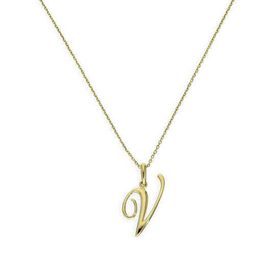 Collier avec pendentif en or 9 carats, lettre V, calligraphie fantaisie, 40 à 50 cm