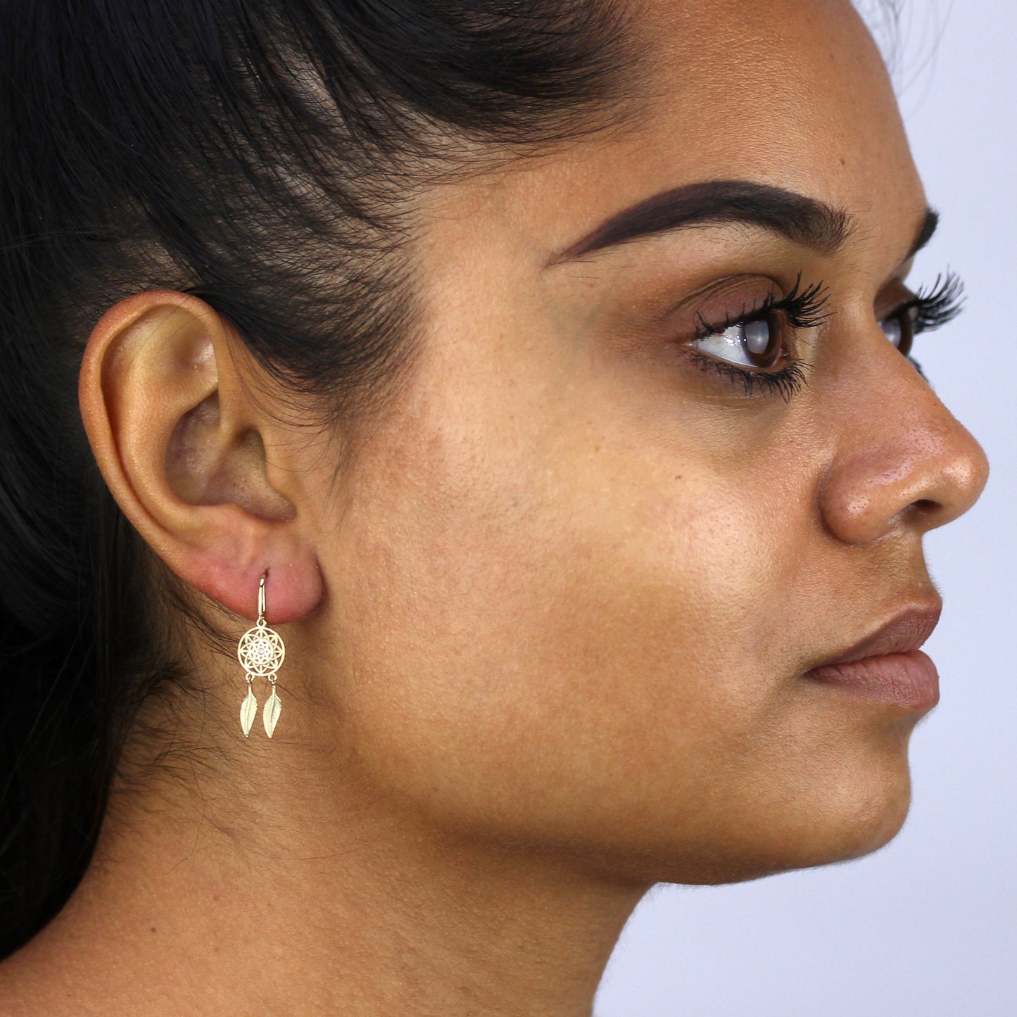 Boucles d'oreilles pendantes attrape-rêves en or 9 carats et cristal CZ transparent