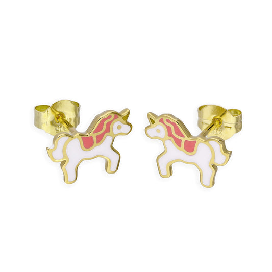 Boucles d'oreilles à tige licorne mignonnes en or 9 carats et émail coloré