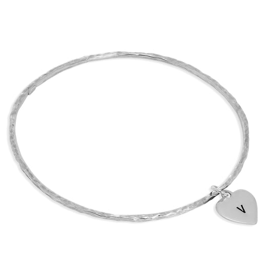 Bracelet jonc martelé en argent sterling avec breloque cœur