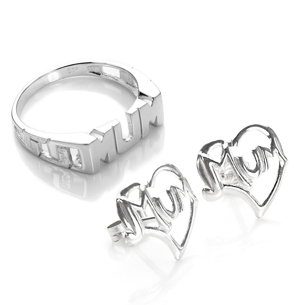 Ensemble bague et boucles d'oreilles maman en argent sterling