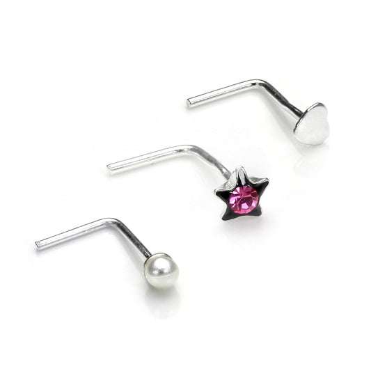 Ensemble de piercings de nez en forme de L en argent sterling avec cœur, perle et étoile