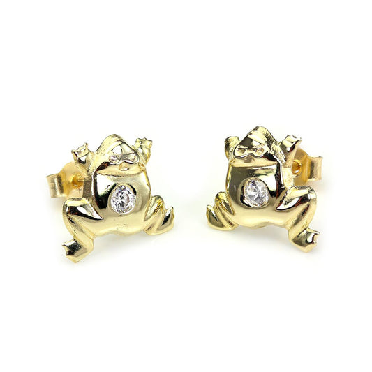 Boucles d'oreilles à tige en or jaune 9 carats avec cristaux transparents en forme de grenouille sauteuse
