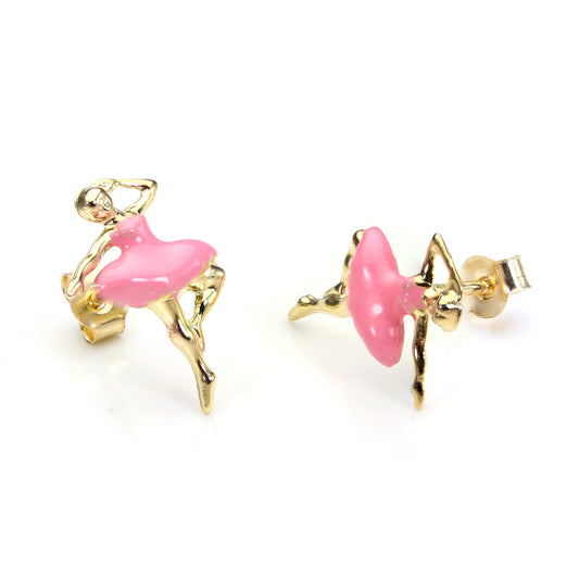 Boucles d'oreilles à tige en or jaune 9 carats et émail rose en forme de ballerine