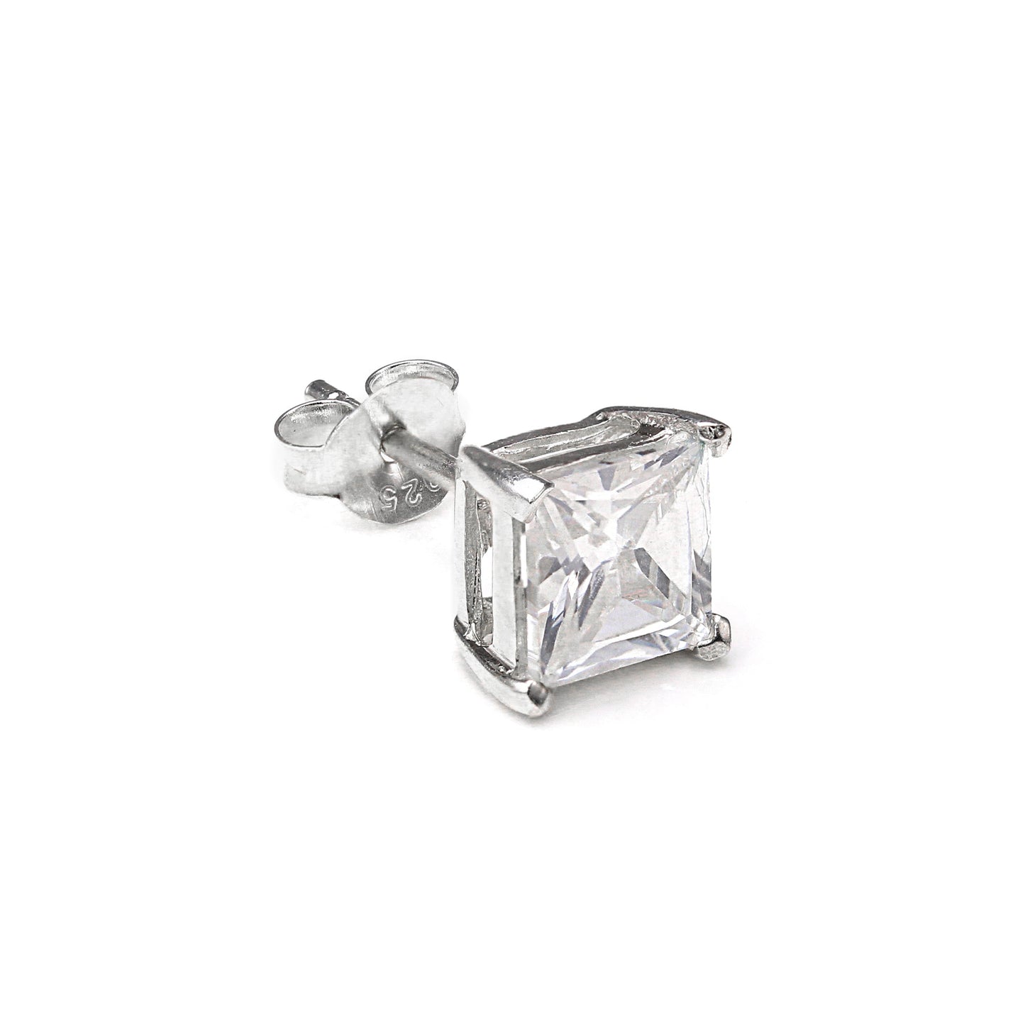 Clou d'oreille simple en argent sterling avec cristaux CZ carrés pour homme - 4-10 mm