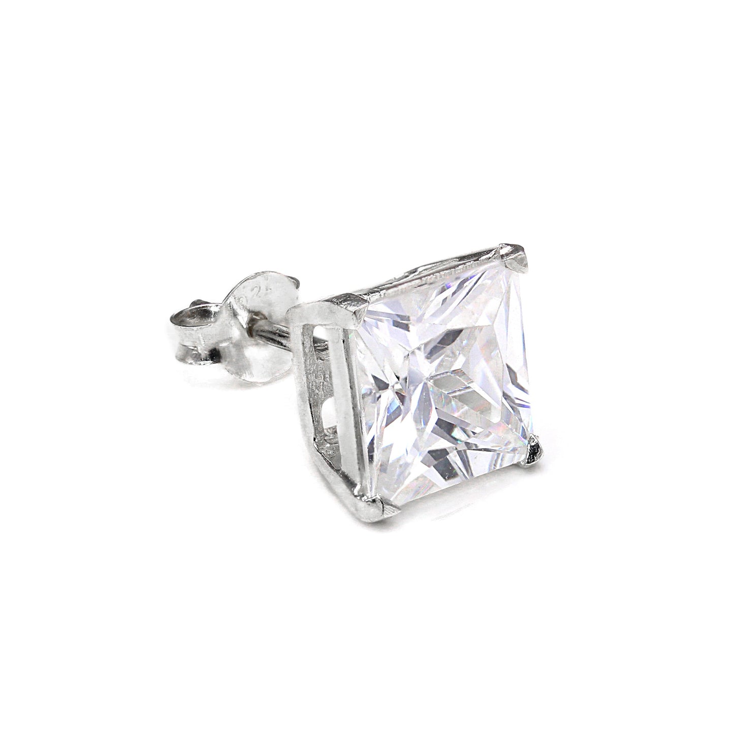 Clou d'oreille simple en argent sterling avec cristaux CZ carrés pour homme - 4-10 mm