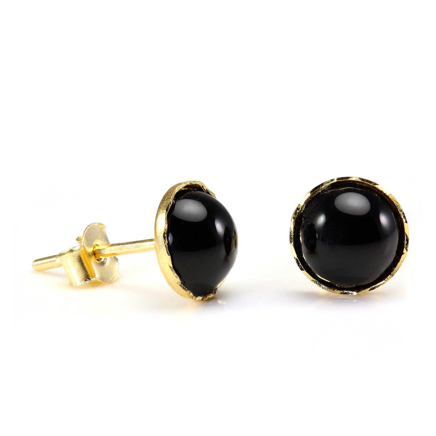Boucles d'oreilles à tige en or 9 carats et onyx, pierres précieuses rondes de 6 mm