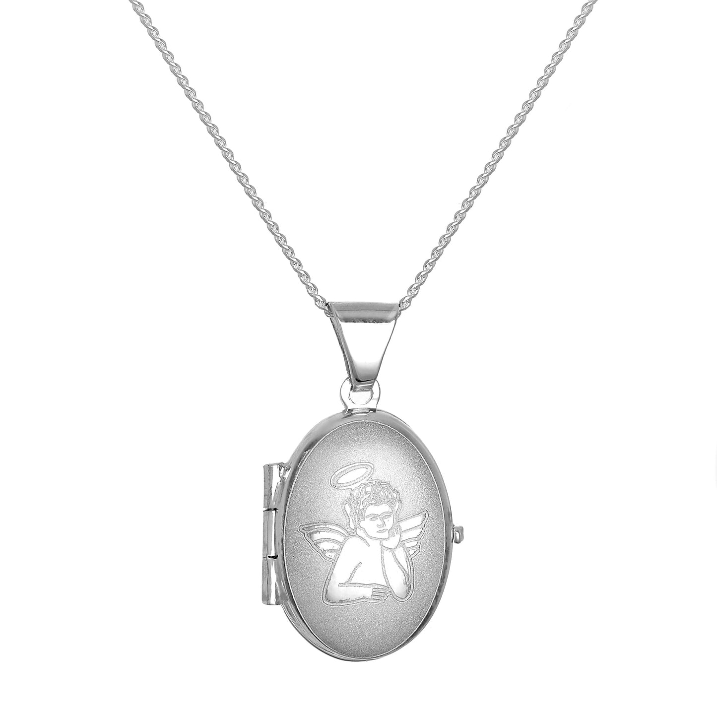 Petit médaillon ovale en argent sterling mat avec ange sur chaîne