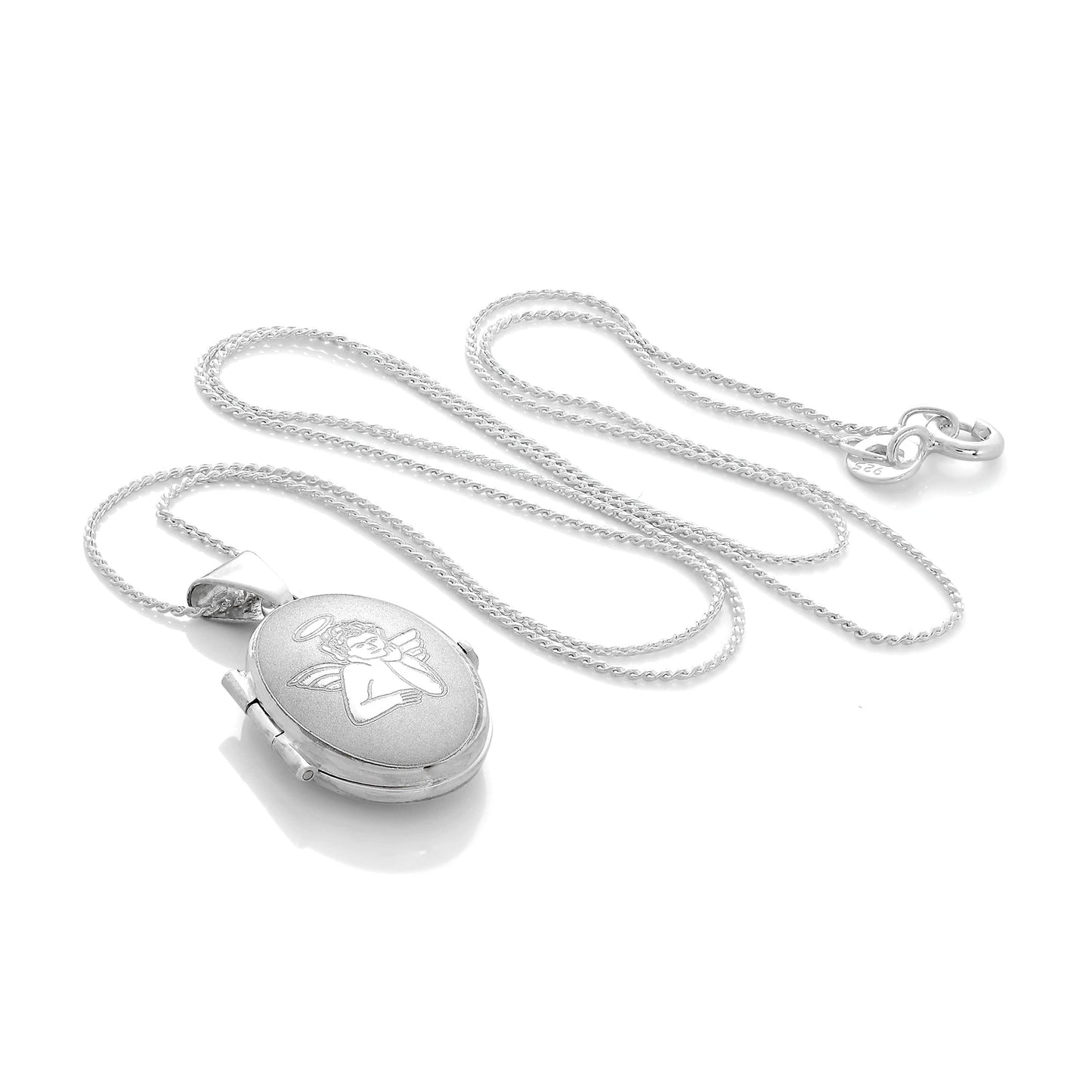 Petit médaillon ovale en argent sterling mat avec ange sur chaîne