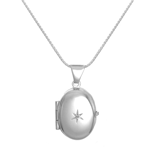 Petit médaillon ovale en argent sterling avec diamant sur chaîne