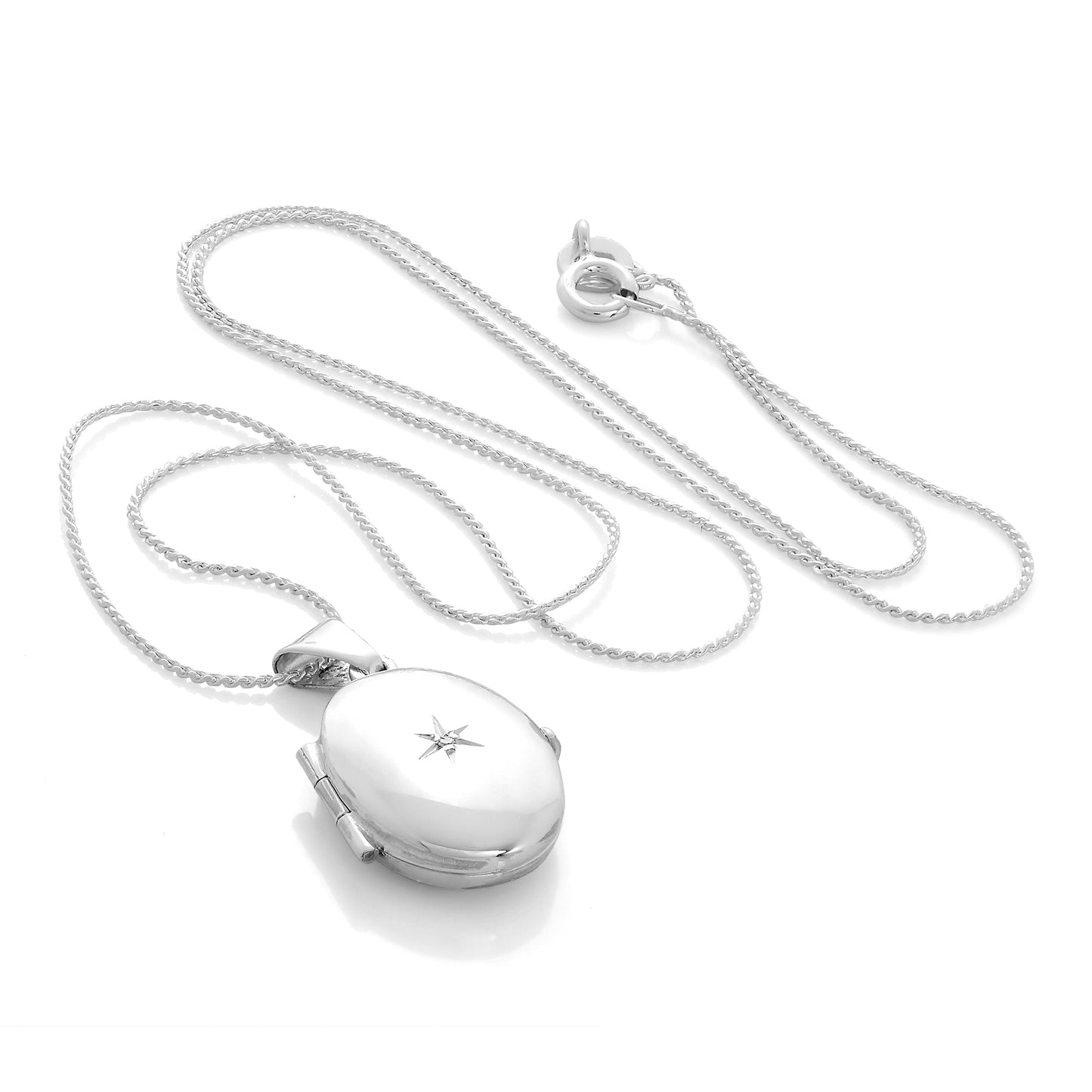 Petit médaillon ovale en argent sterling avec diamant sur chaîne