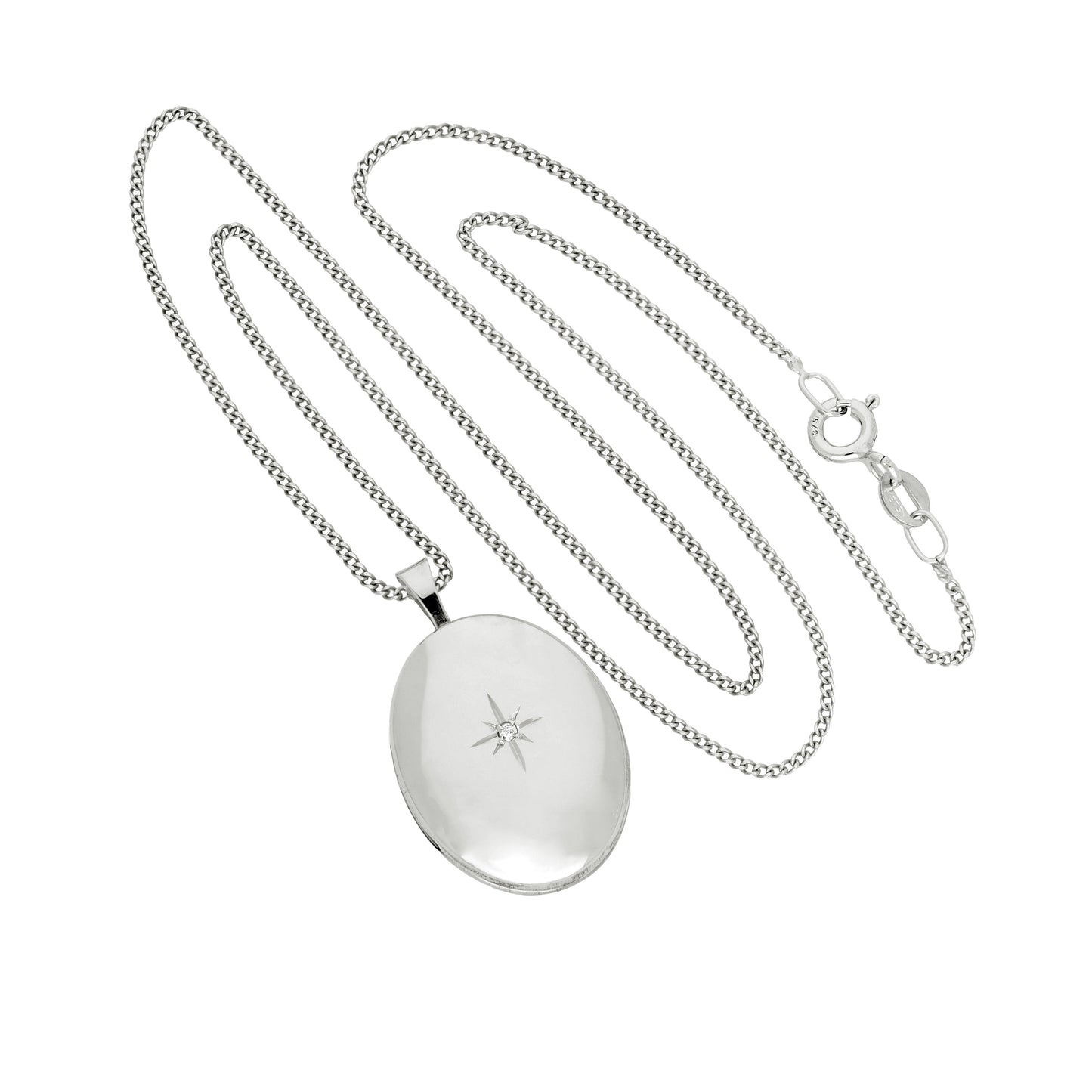 Médaillon ovale en or blanc 9 carats et diamants avec motif étoile brillante, 40 à 45 cm