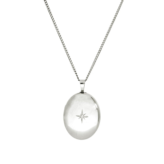 Médaillon ovale en or blanc 9 carats et diamants avec motif étoile brillante, 40 à 45 cm