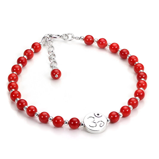 Bracelet réglable en argent sterling et corail rouge avec breloque OM