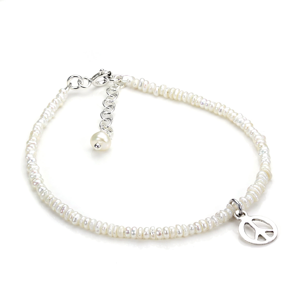 Bracelet en argent sterling et perles d'eau douce blanches avec breloque paix