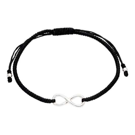 Bracelet en macramé avec cordon noir et boucle infinie en argent sterling