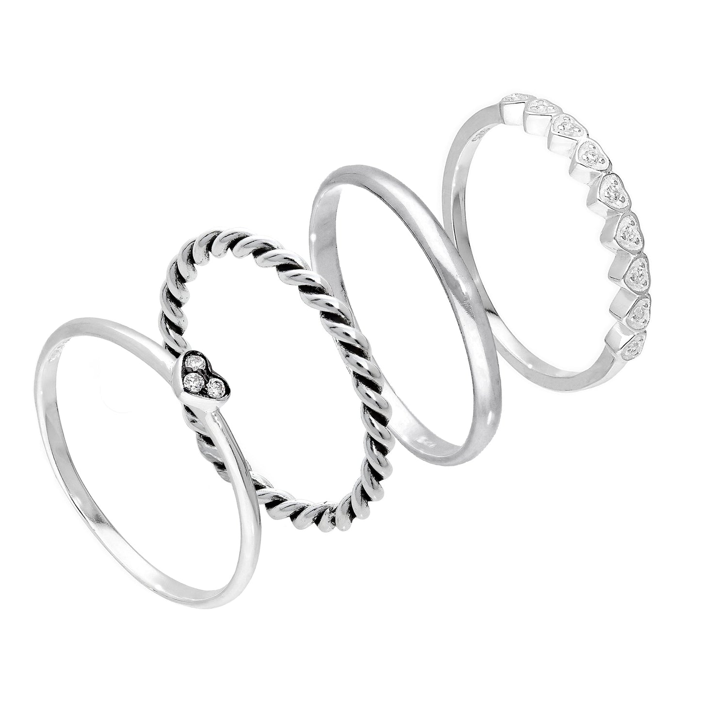 Ensemble de bagues empilables en argent sterling avec cœurs torsadés et zircones cubiques