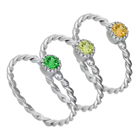 Ensemble de bagues empilables en argent sterling avec zircones cubiques verts torsadés