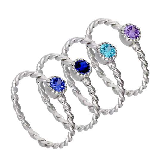 Ensemble de bagues empilables en argent sterling avec zircones cubiques torsadées violettes et bleues