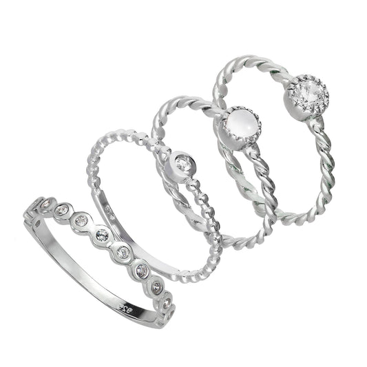 Ensemble de bagues empilables en argent sterling, torsadées et perlées en oxyde de zirconium transparent