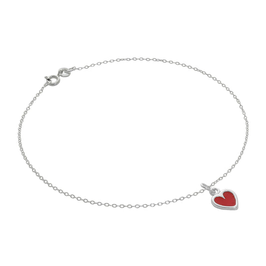 Bracelet de cheville Belcher en argent sterling fin avec breloque cœur en émail rouge - 25,4 cm