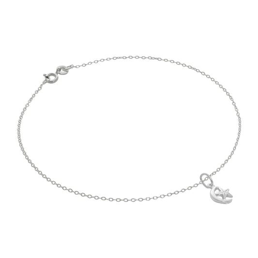 Bracelet de cheville Belcher en argent sterling fin avec breloque petite lune et étoile - 25,4 cm