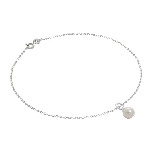 Bracelet de cheville Belcher en argent sterling fin avec breloque perle - 25,4 cm