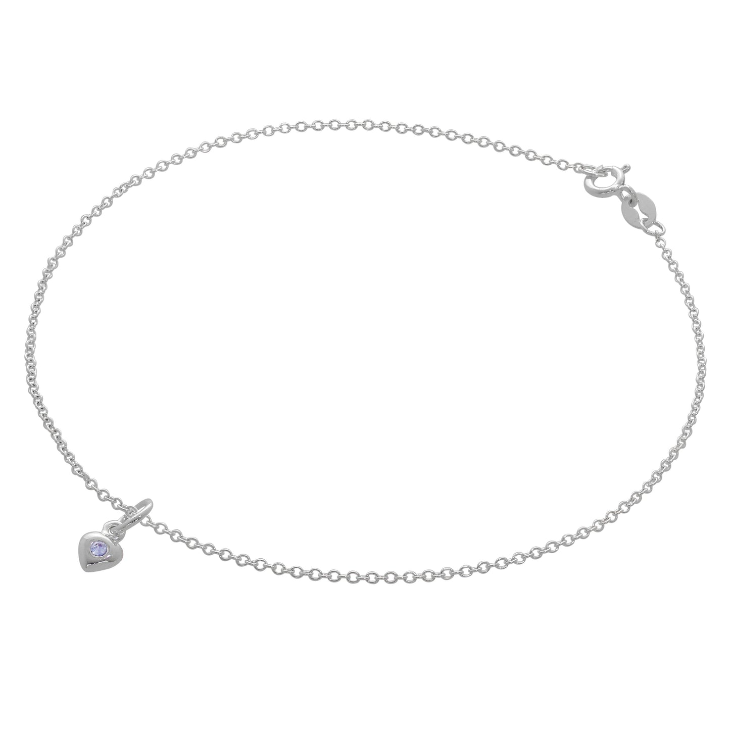 Bracelet de cheville Belcher en argent sterling fin avec breloque cœur en cristal CZ et pierre de naissance - 25,4 cm