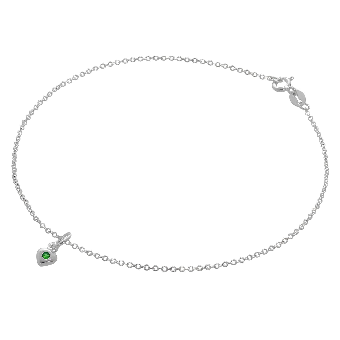Bracelet de cheville Belcher en argent sterling fin avec breloque cœur en cristal CZ et pierre de naissance - 25,4 cm
