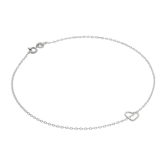 Bracelet de cheville Belcher en argent sterling fin avec breloque en forme de petit cœur ouvert - 25,4 cm