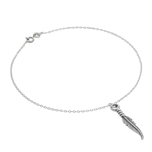 Bracelet de cheville Belcher en argent sterling fin avec breloque plume - 25,4 cm