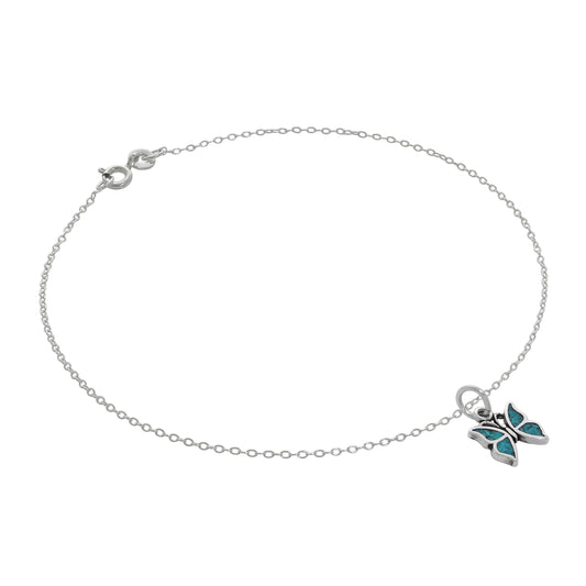 Bracelet de cheville Belcher en argent sterling fin avec petit pendentif papillon turquoise - 25,4 cm