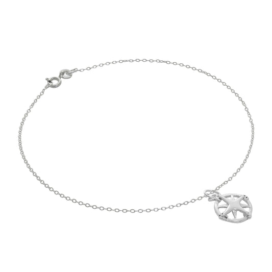 Bracelet de cheville Belcher en argent sterling fin avec breloque boussole - 25,4 cm