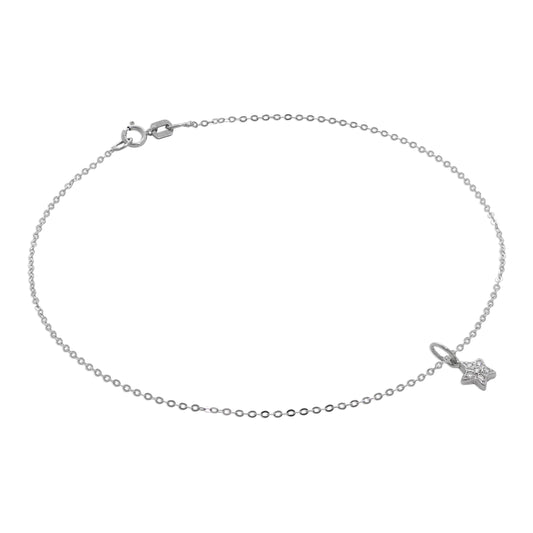 Bracelet de cheville en or blanc 9 carats martelé avec breloque étoile en oxyde de zirconium - 9,5 pouces