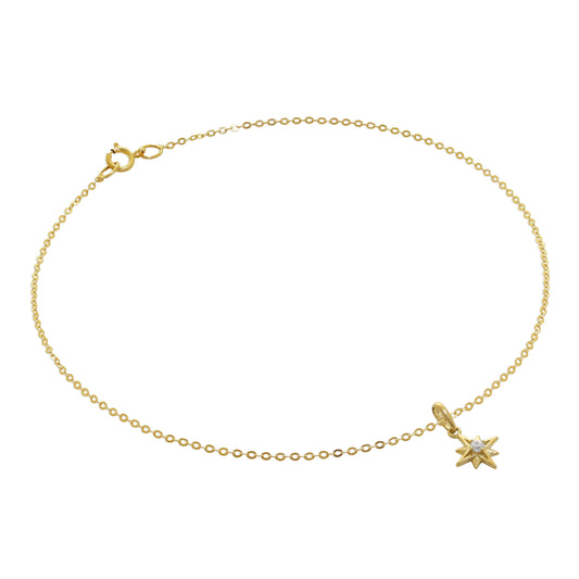 Bracelet de cheville martelé en or 9 carats avec breloque étoile brillante en oxyde de zirconium - 9,5 pouces