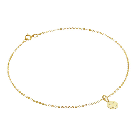 Bracelet de cheville en or 9 carats martelé avec breloque émoji visage clignotant - 9,5 pouces