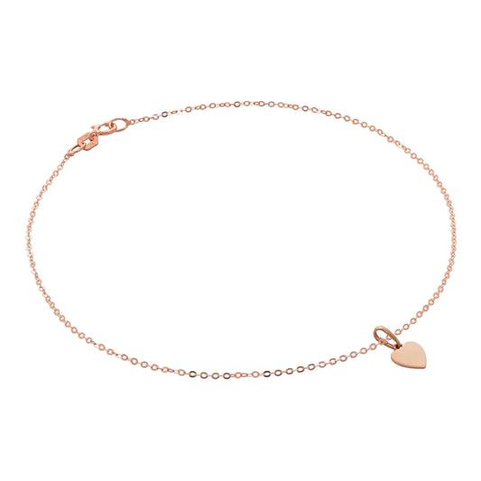 Bracelet de cheville en or rose 9 carats martelé avec breloque cœur gravable - 9,5 pouces