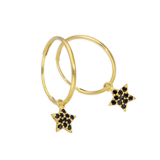 Boucles d'oreilles créoles en or 9 carats avec breloques de 13 mm et étoile en zircone cubique noire