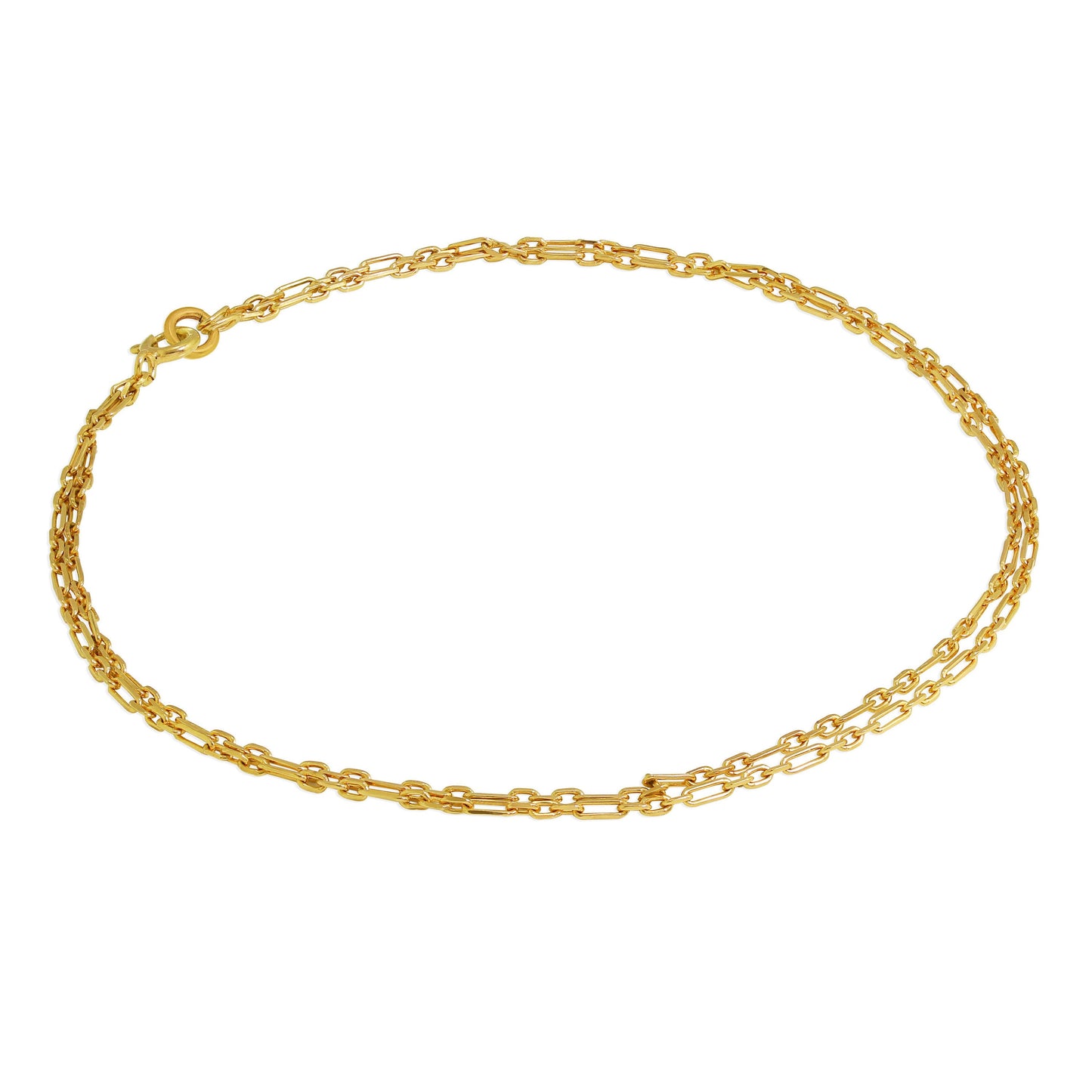 Bracelet de cheville double chaîne Figaro arrondie en argent sterling plaqué or de 2 mm - 25 cm