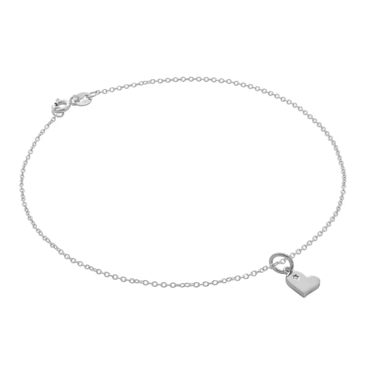 Bracelet de cheville en argent sterling avec breloque cœur en diamant véritable