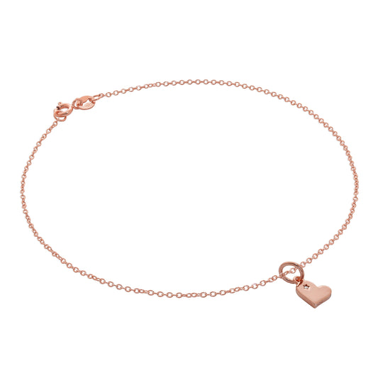 Bracelet de cheville en argent sterling plaqué or rose avec breloque cœur en diamant véritable