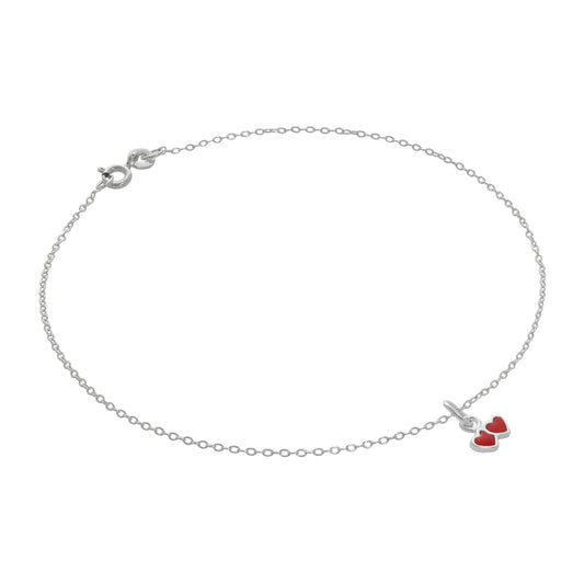 Bracelet de cheville Belcher en argent sterling fin avec breloque double cœur en émail rouge