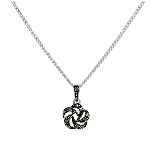 Collier avec pendentif en forme de fleur ouverte en argent sterling et marcassite noire, 40 à 61 cm