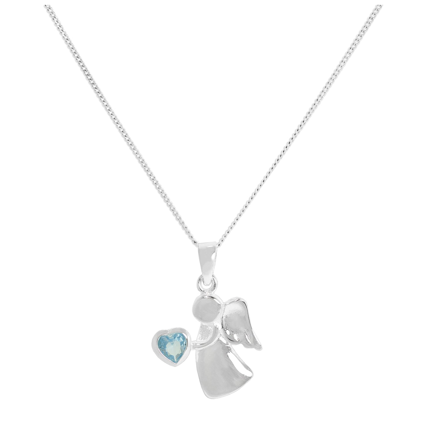 Collier avec pendentif ange en argent sterling et cristal aigue-marine CZ, pierre de naissance du mois de mars, 14 à 32 pouces