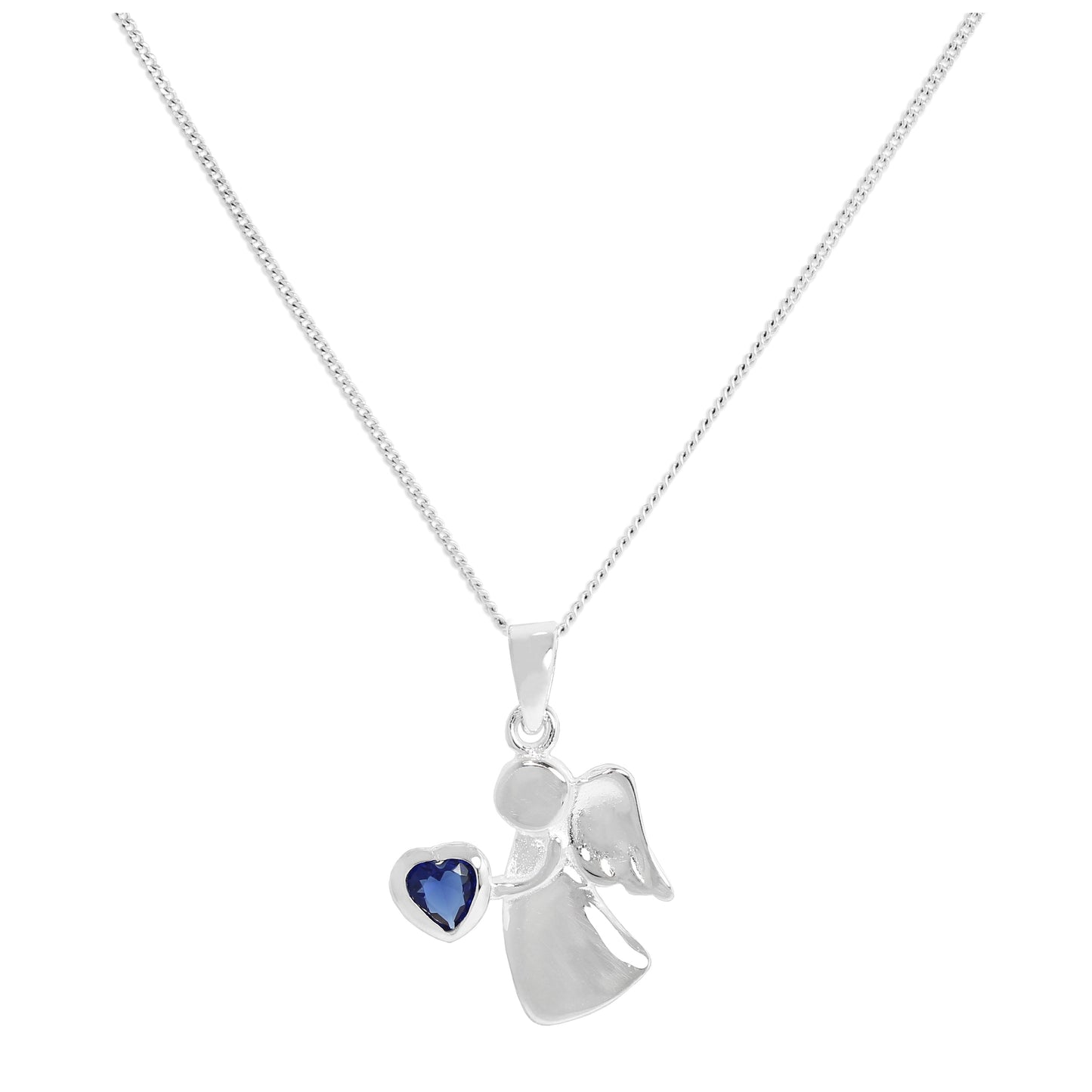 Collier avec pendentif ange en argent sterling et cristal saphir CZ, pierre de naissance de septembre, 14 à 32 pouces