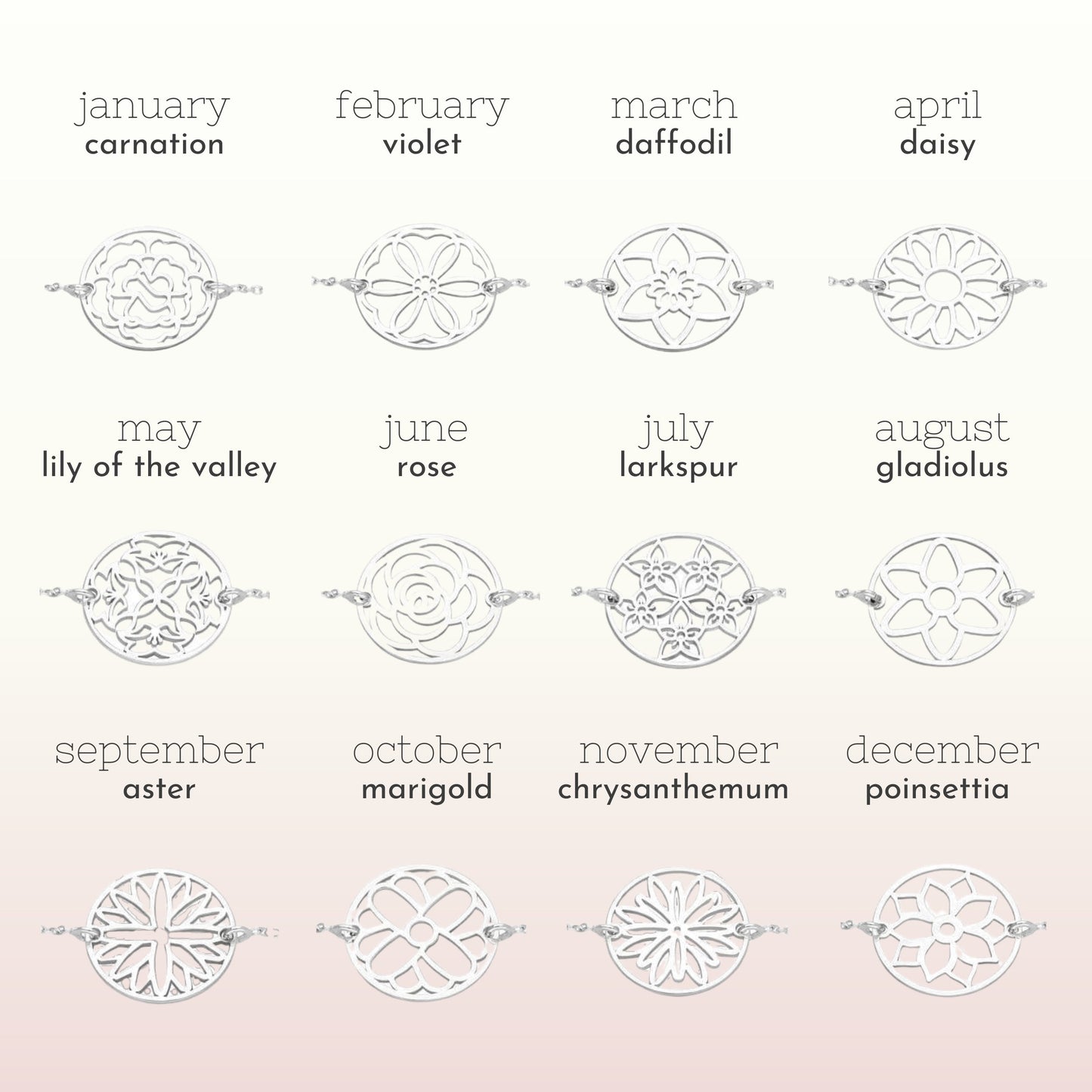 Bracelet réglable personnalisé en argent sterling avec fleur de naissance