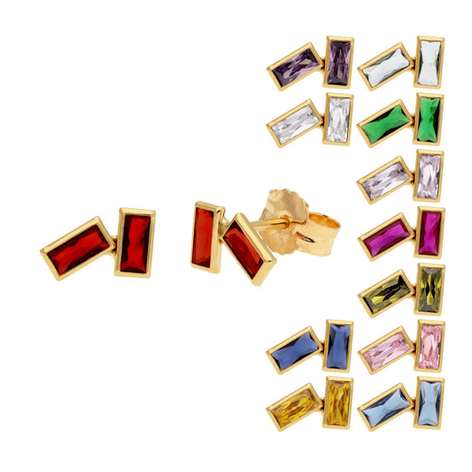 Boucles d'oreilles à tige double baguette en or 9 carats avec pierre de naissance et zircone cubique