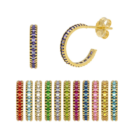 Boucles d'oreilles créoles en or 9 carats avec pierre de naissance et pavé de zircones cubiques