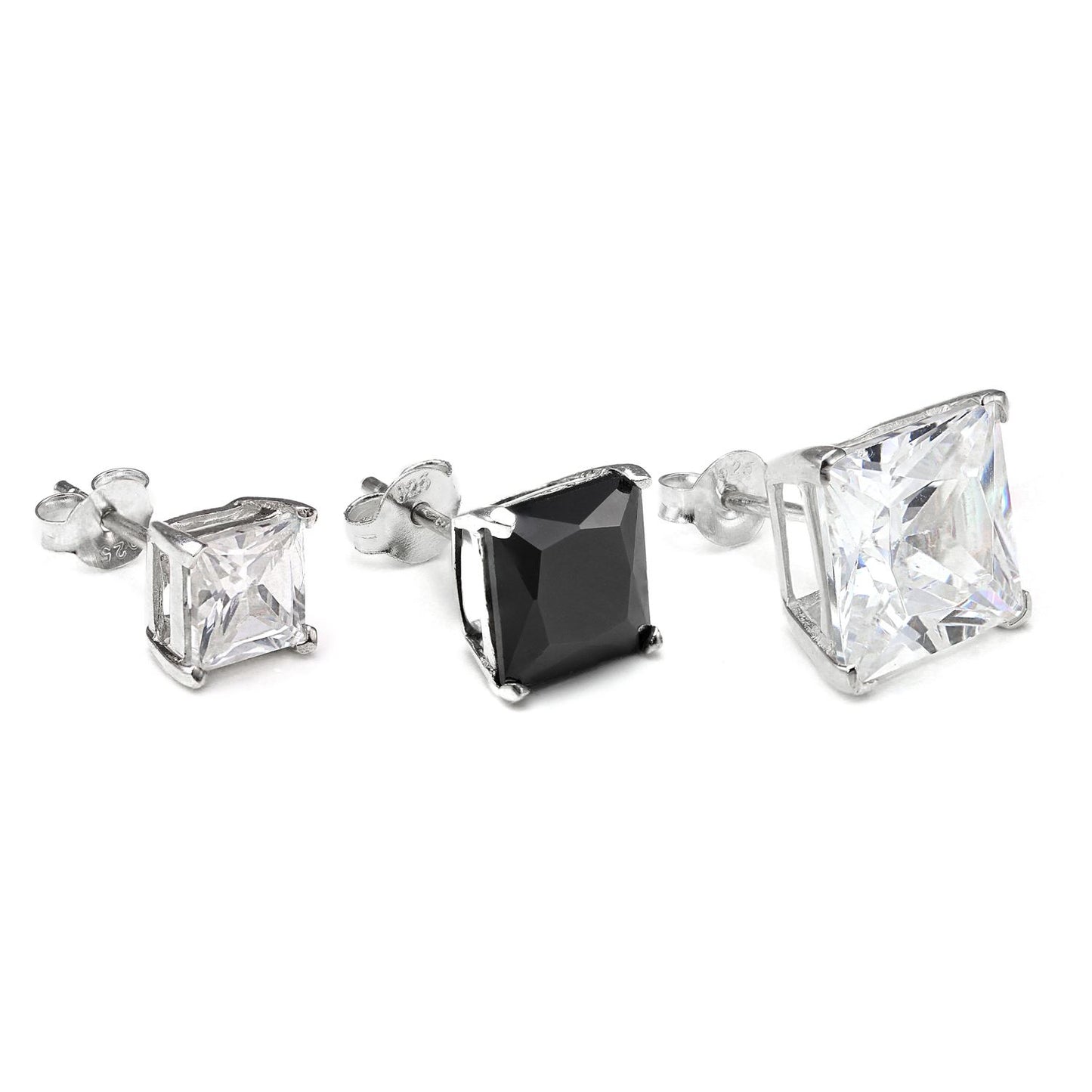 Clou d'oreille simple en argent sterling avec cristaux CZ carrés pour homme - 4-10 mm
