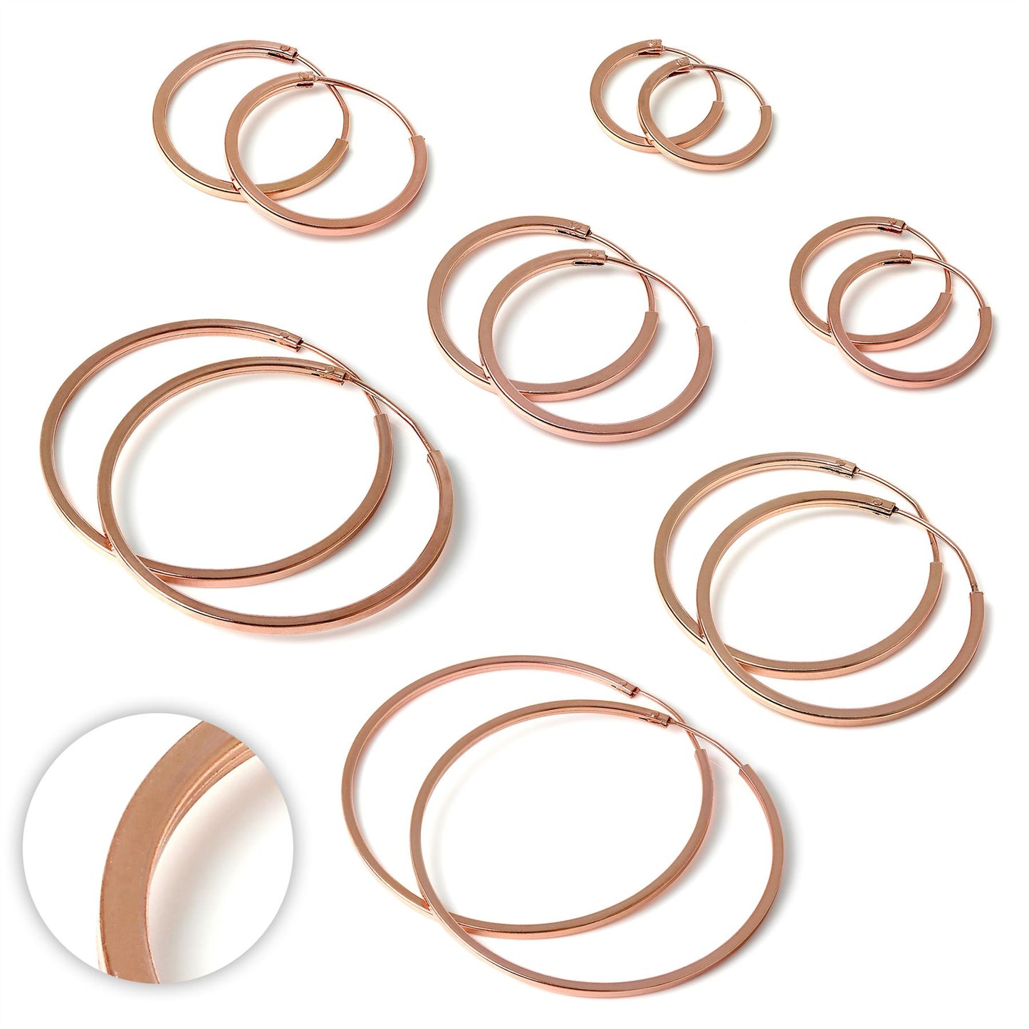 Boucles d'oreilles créoles carrées en argent sterling or rose de 1 mm (12 mm à 40 mm)